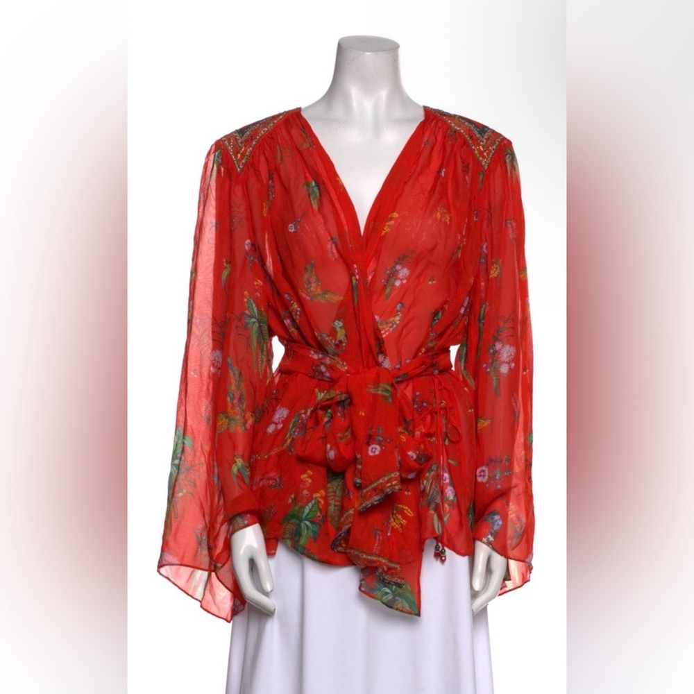 CAMILLA Silk Floral Blouse w Crystal Embellishments Wrap Blouse w Tie Waist RED